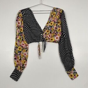 NWT For Love & Lemons Blouse Womens XS Multicolor Floral Polka Dot Crop Top